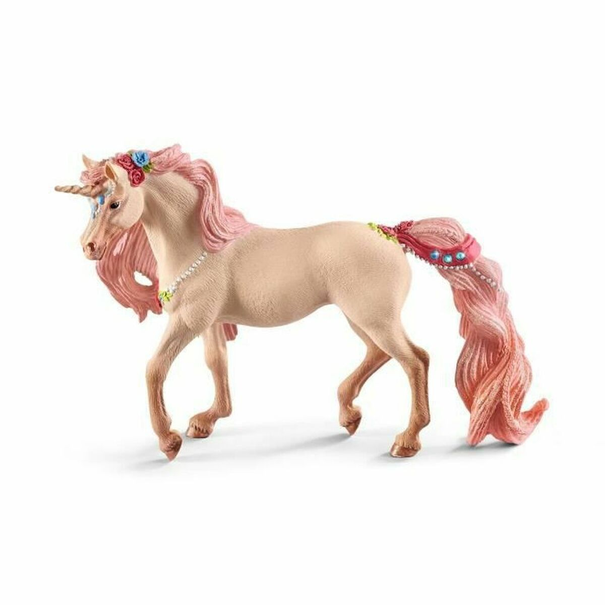 Ein hellbeiges Einhornspielzeug mit rosa Mähne und Schwanz, verziert mit Blumen und Perlen.
