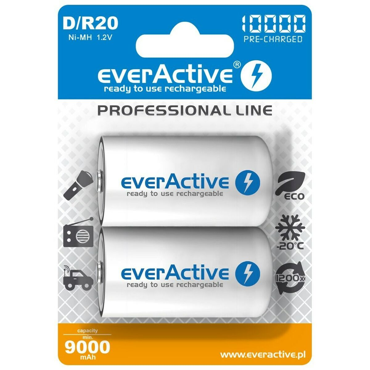 Dwie baterie EverActive D/R20 Ni-MH 1.2V 9000mAh w opakowaniu, linia profesjonalna.