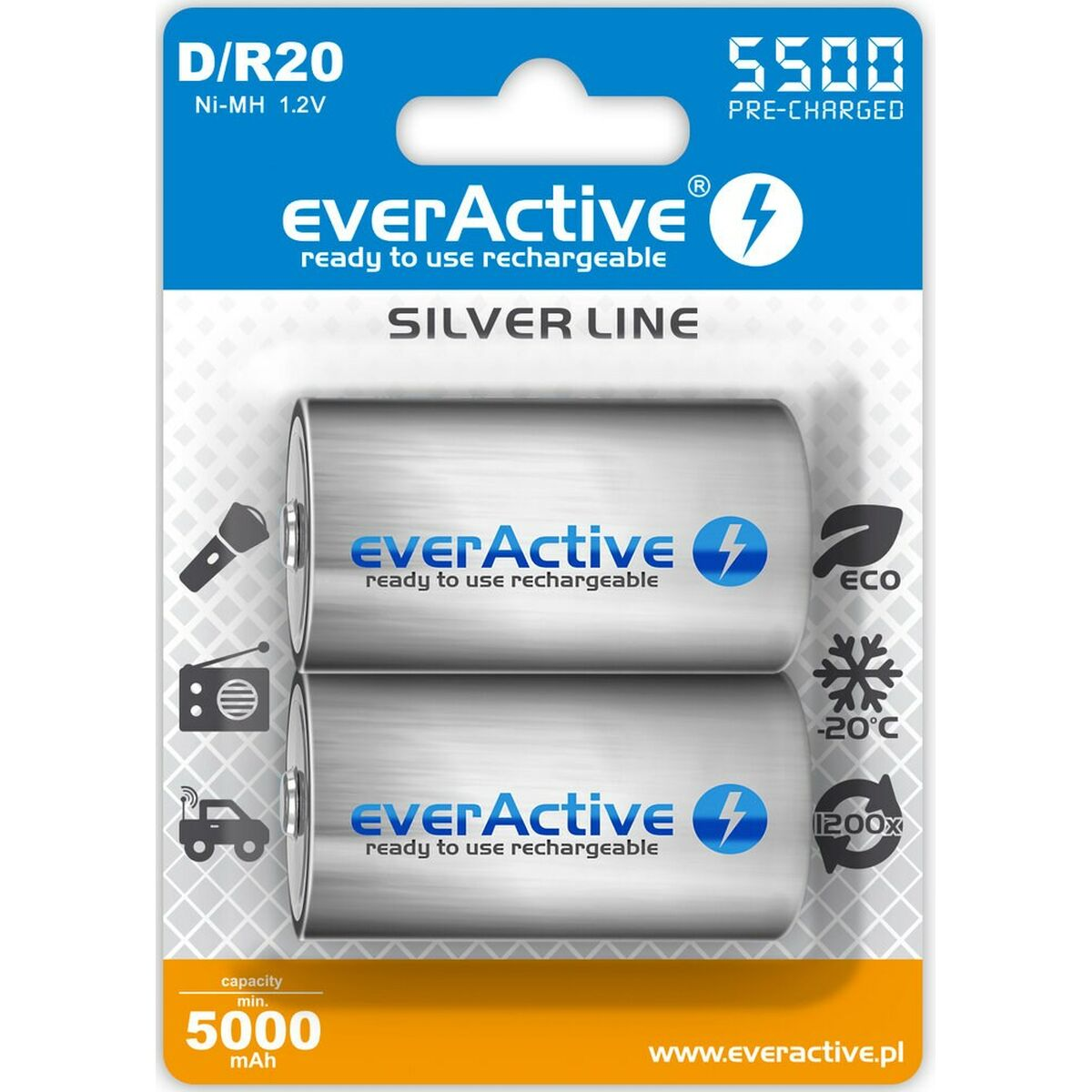 Dwa akumulatory EverActive D/R20 Ni-MH 1.2V 5000mAh, linia srebrna.