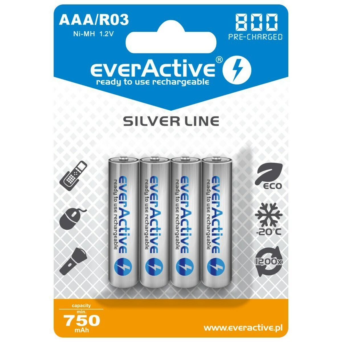 Cztery baterie AAA EverActive wielokrotnego ładowania w srebrnym opakowaniu z ikonami.