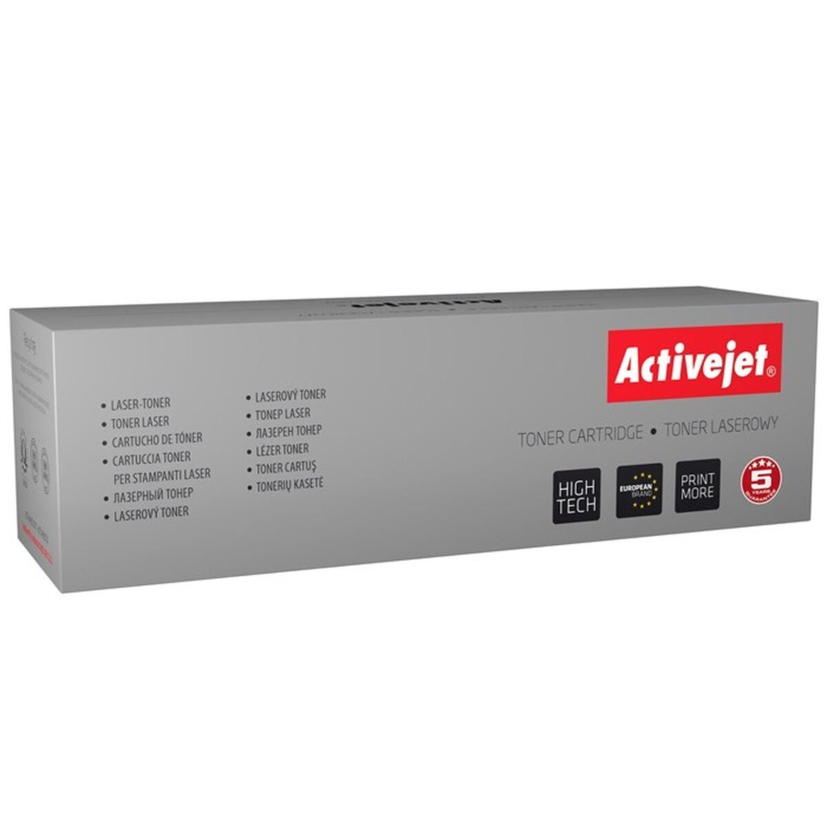 Szare pudełko na toner Activejet z tekstem i logotypami.