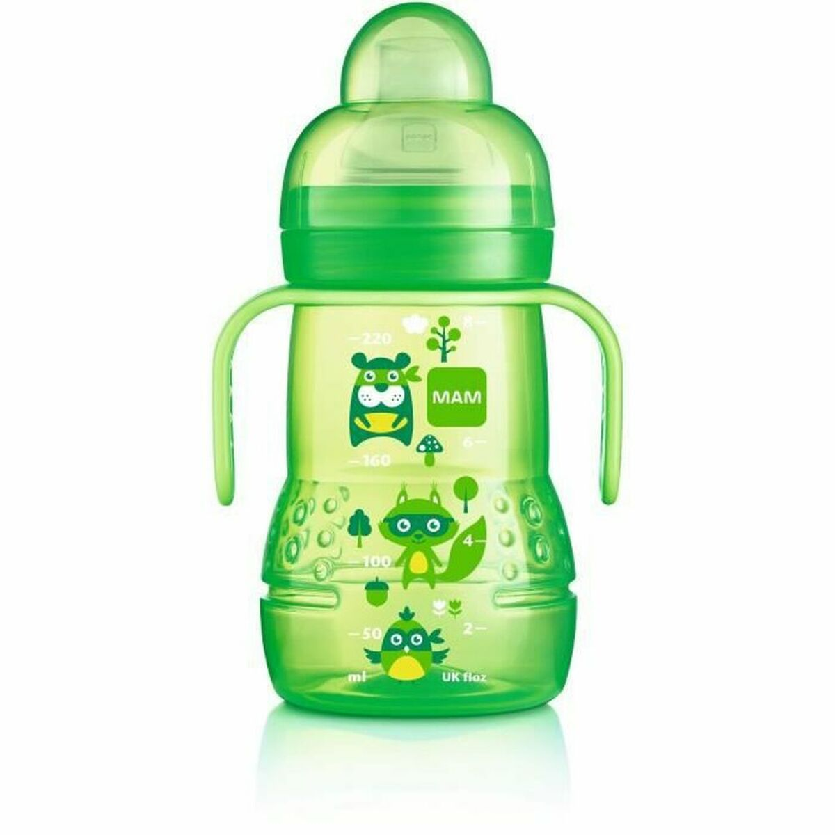 Grüner MAM-Becher mit Tiermotiven und Griffen, mit ml- und oz-Markierungen.