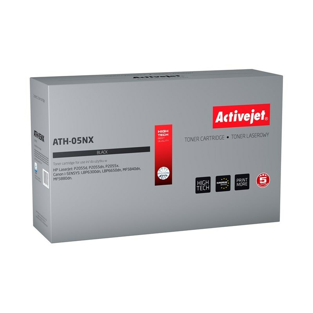 Scatola grigia con cartuccia toner Activejet ATH-05NX nera.