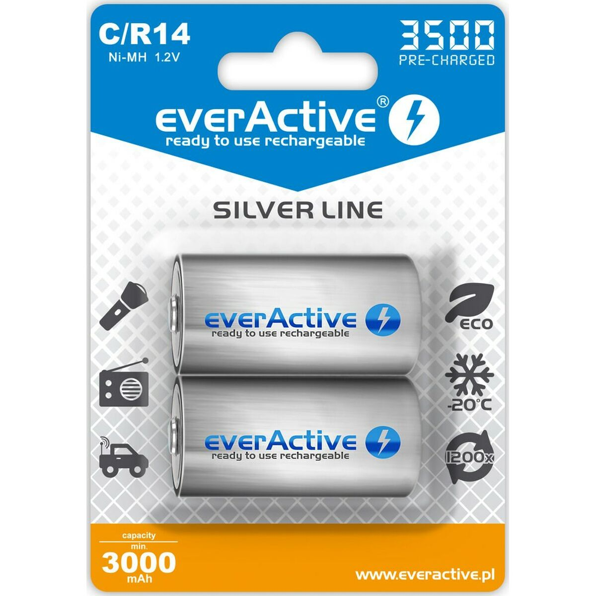 Dwie srebrne baterie EverActive C/R14 Ni-MH 1,2V, 3000mAh, naładowane.