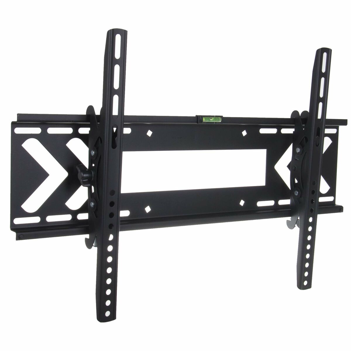Eine schwarze TV-Wandhalterung aus Metall mit Wasserwaage und verstellbaren Armen.