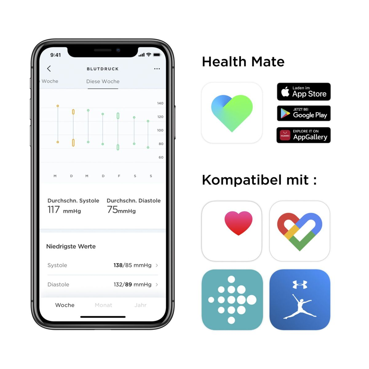 Smartfon wyświetla aplikację do pomiaru ciśnienia z wykresami i wartościami. Obok loga Health Mate i kompatybilnych aplikacji.