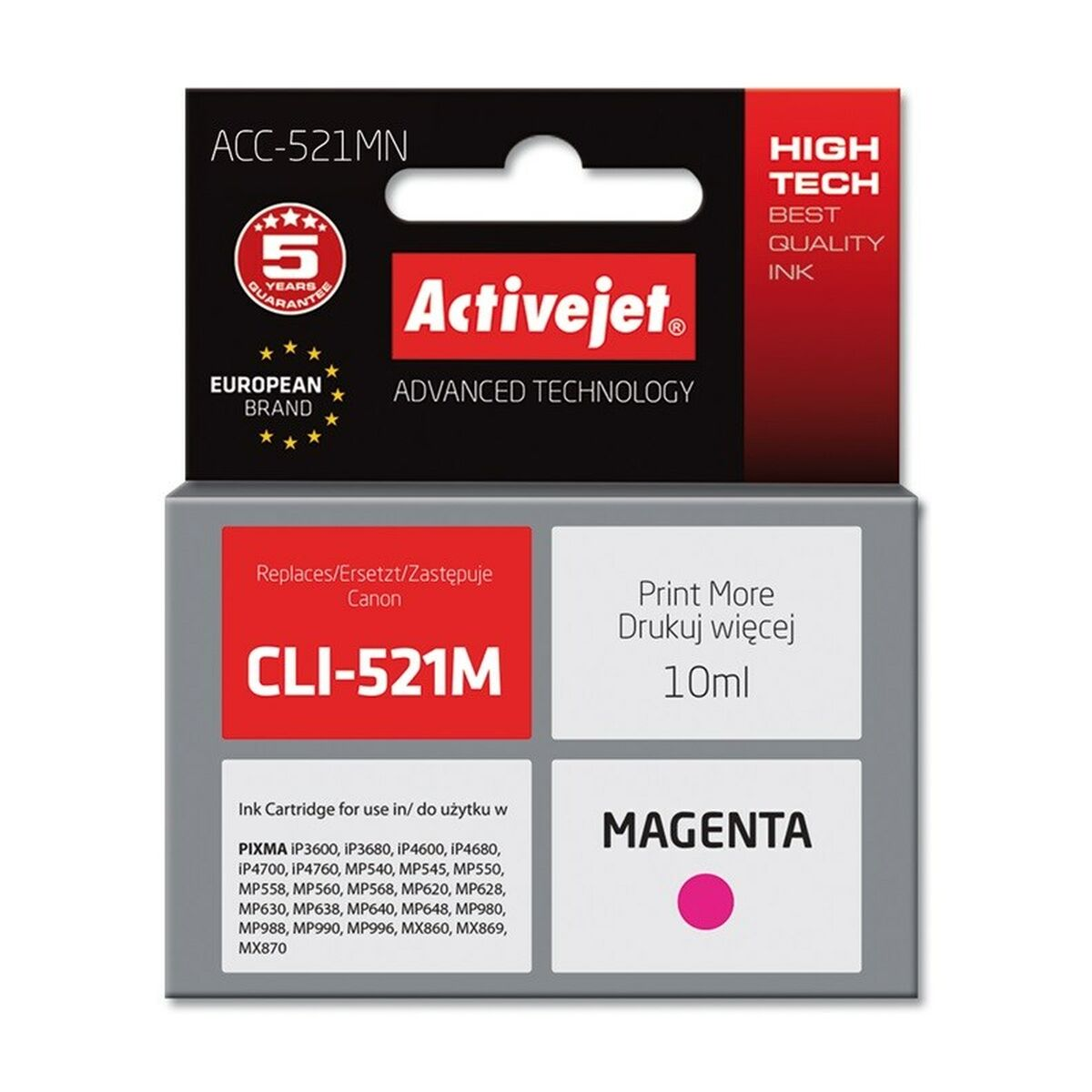 Tusz Activejet CLI-521M, magenta, 10ml, do drukarek Canon.