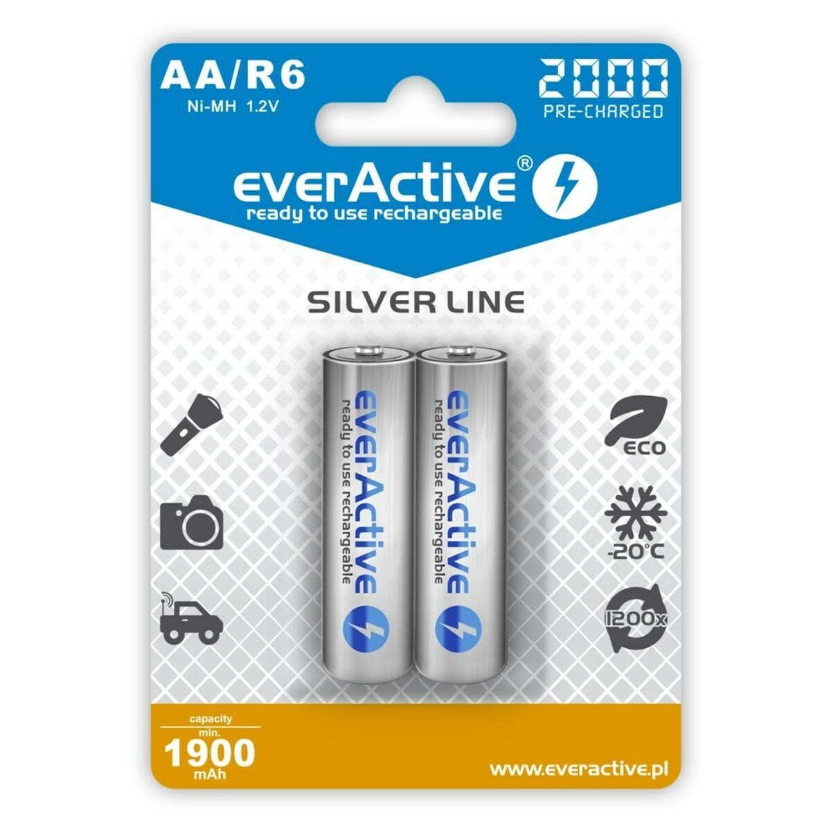 Due batterie ricaricabili EverActive AA/R6 Ni-MH 1.2V, 1900mAh.