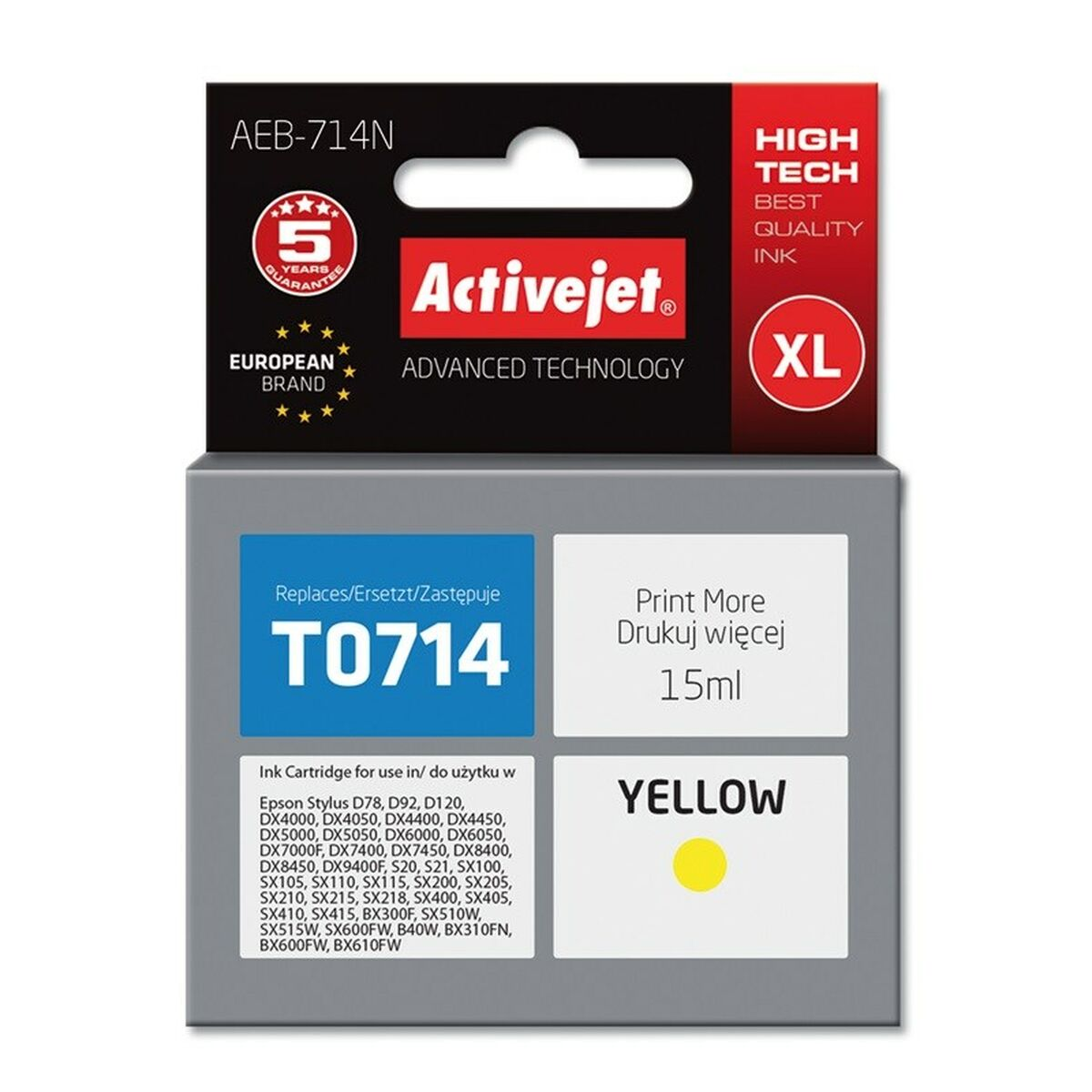 Żółty tusz Activejet T0714, XL, 15ml, do drukarek Epson.