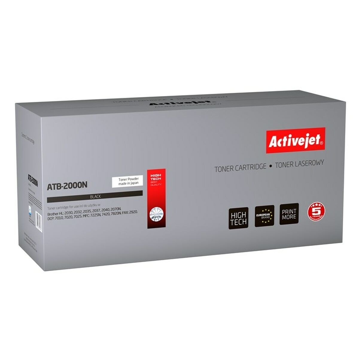 Boîte grise avec étiquette de cartouche de toner noir Activejet ATB-2000N.