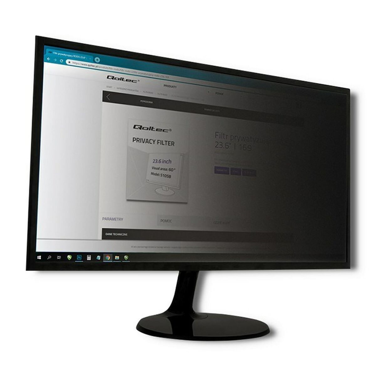 Un monitor con filtro privacy sullo schermo che mostra un sito web.