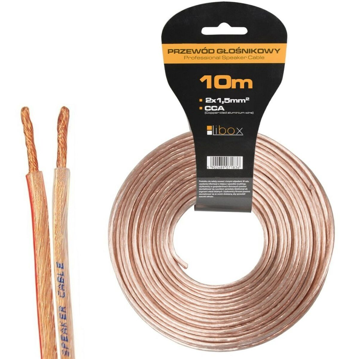 Zwijany miedziany kabel głośnikowy, 10m, 2x1,5mm² CCA.