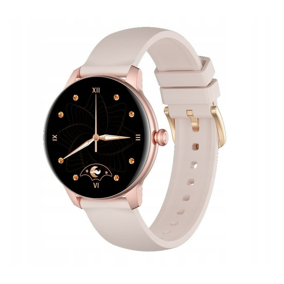 Un reloj inteligente redondo con correa beige y carcasa oro rosa.
