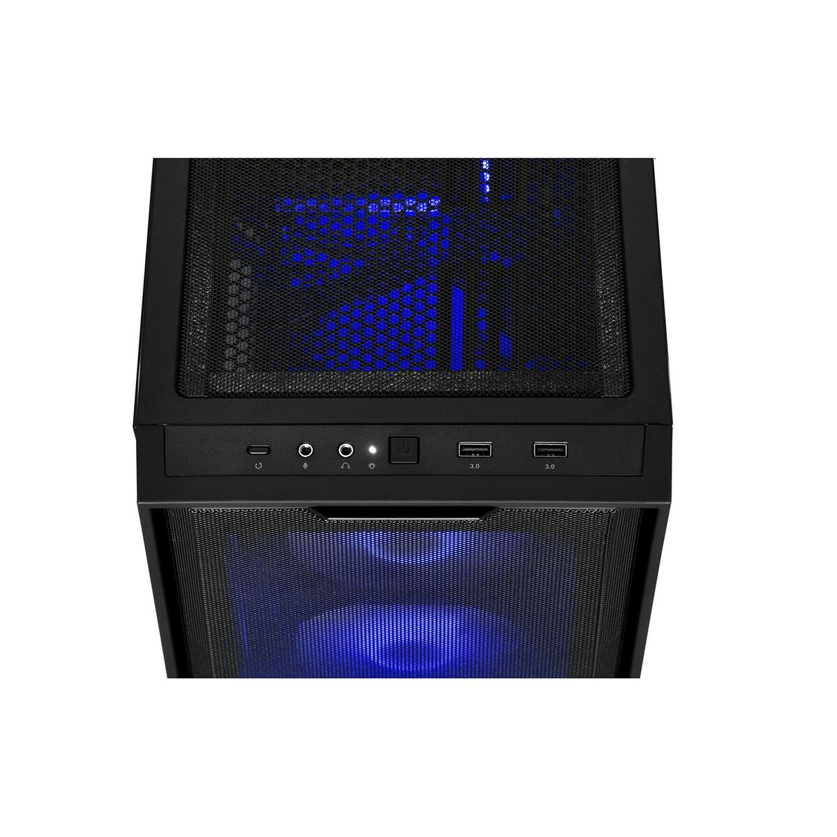 Czarna obudowa komputera z niebieskimi diodami LED. Panel przedni posiada porty USB i gniazda audio.