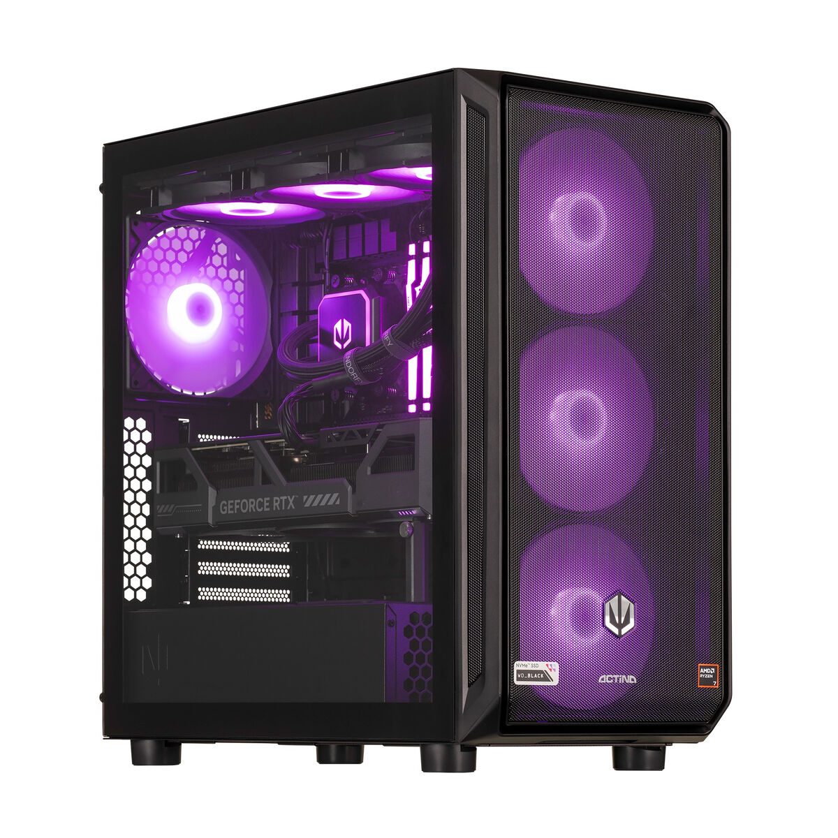 Un PC da gaming nero con ventole viola e illuminazione RGB.