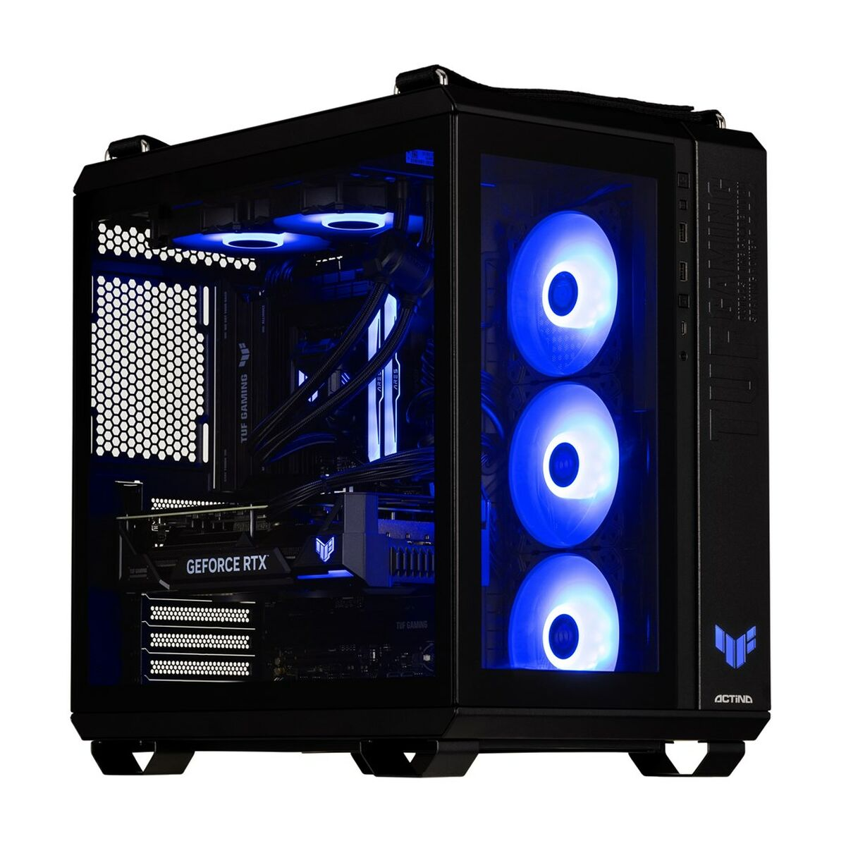 Una tower del computer nera con ventole luminose blu e luci interne.