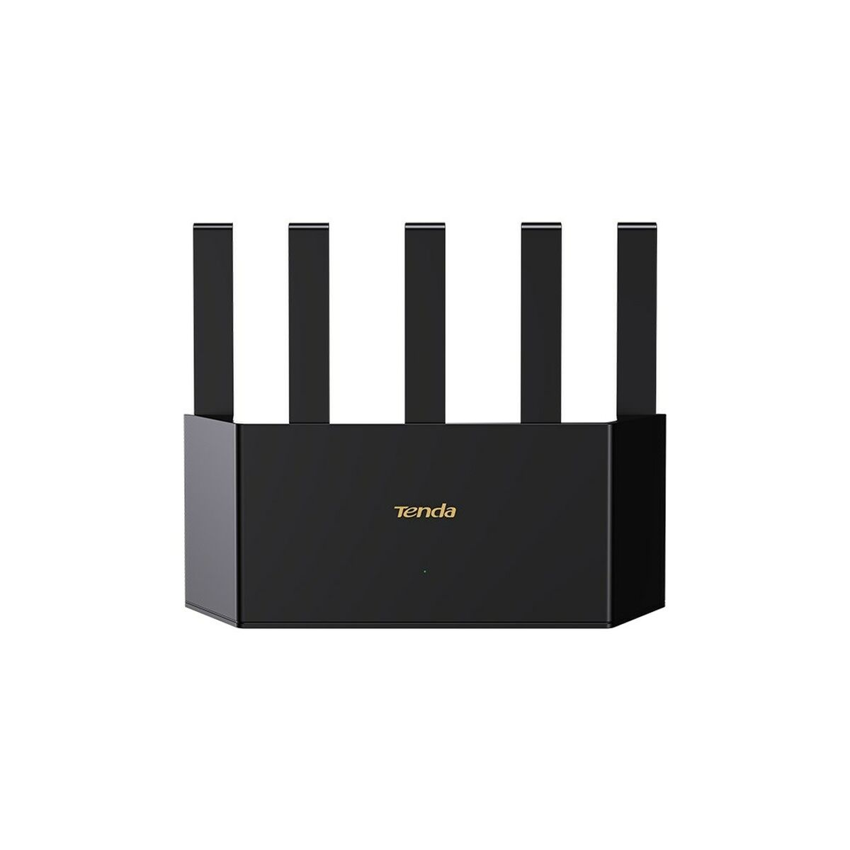 Czarny router Tenda z pięcioma antenami na białym tle.