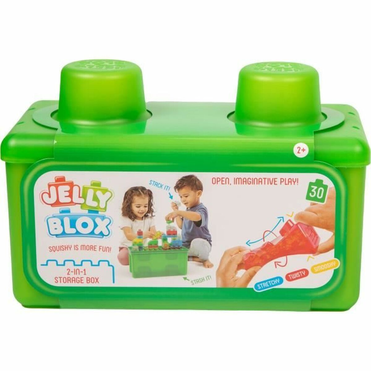 Grüne Jelly Blox Spielzeugkiste mit Kindern, die spielen und Bausteinen.