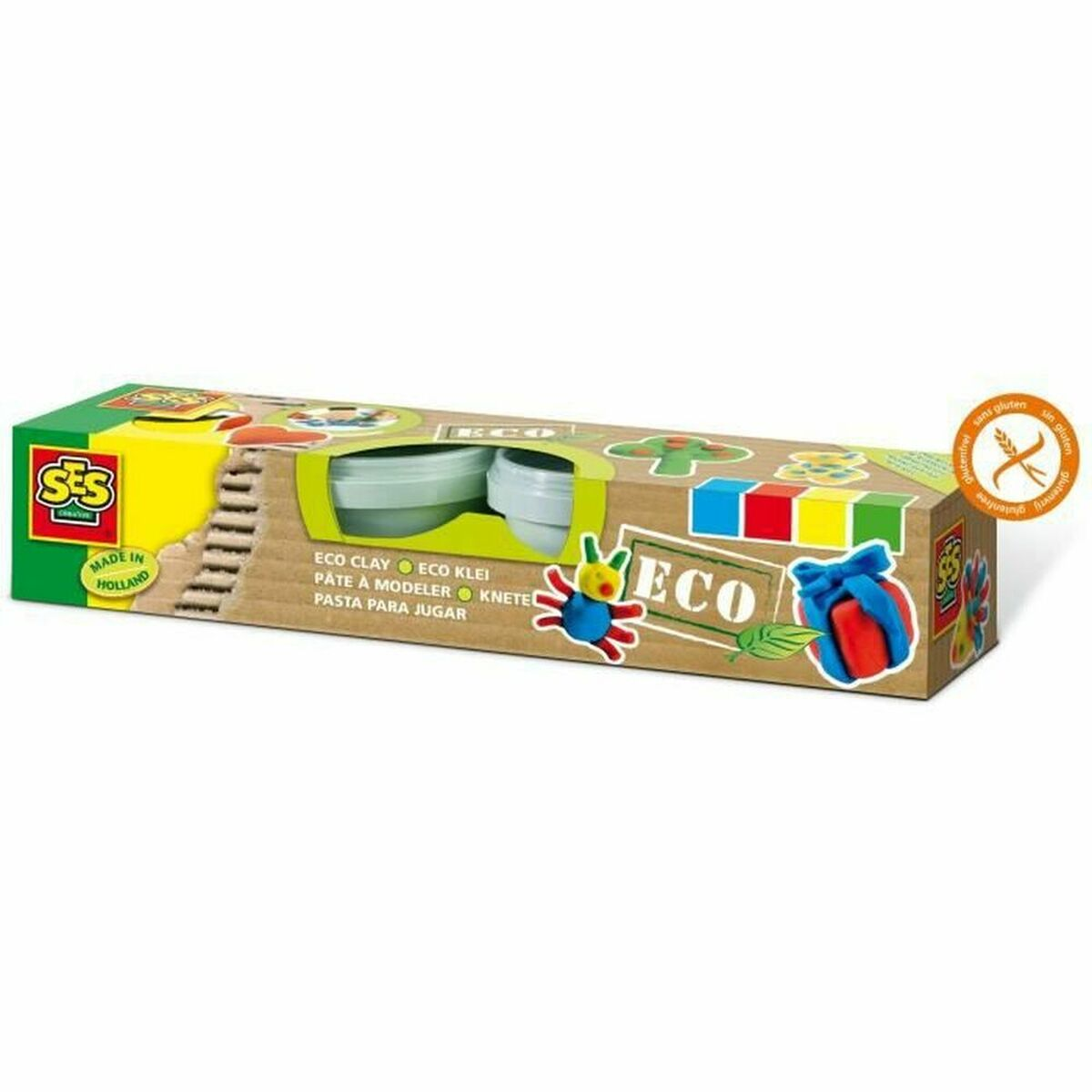 Verpackung von SES Eco Clay mit zwei Behältern, Spielzeug und Aufdrucken.