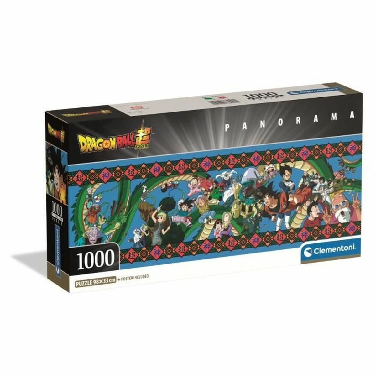 Puzzle panoramiczne Clementoni Dragon Ball Super 1000 elementów z wieloma postaciami na niebieskim tle.
