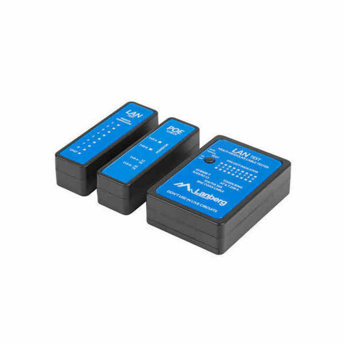 Three black LAN cable testers with blue tops.