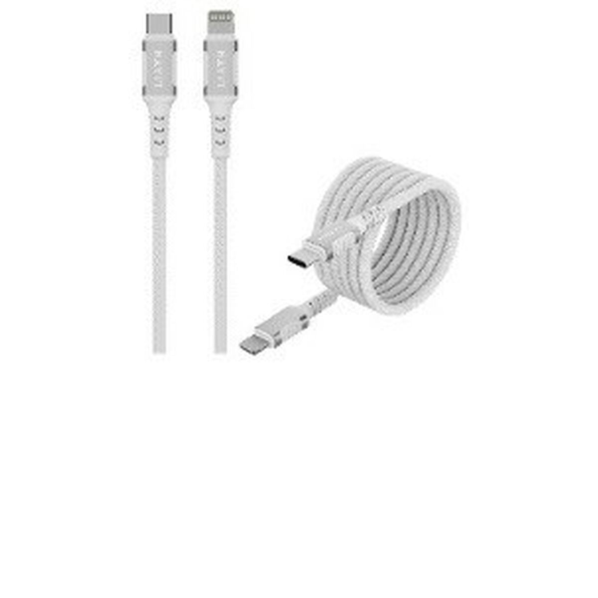 Dwa białe kable ładujące, jeden zwinięty, jeden prosty, ze złączami USB-C i Lightning.