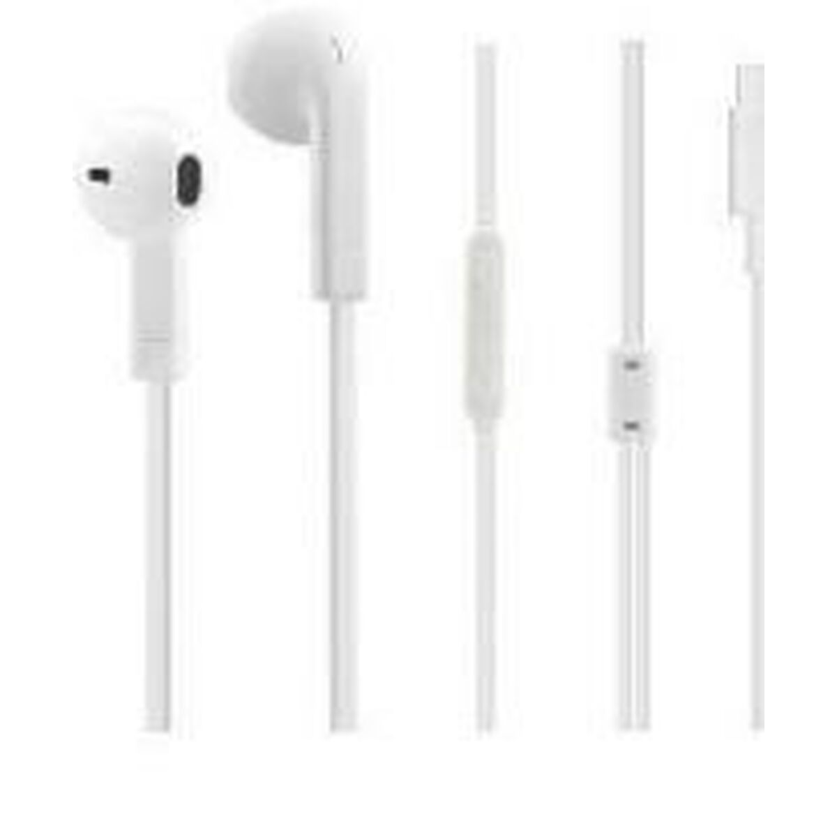 Witte in-ear oordopjes met kabel en bedieningselementen.