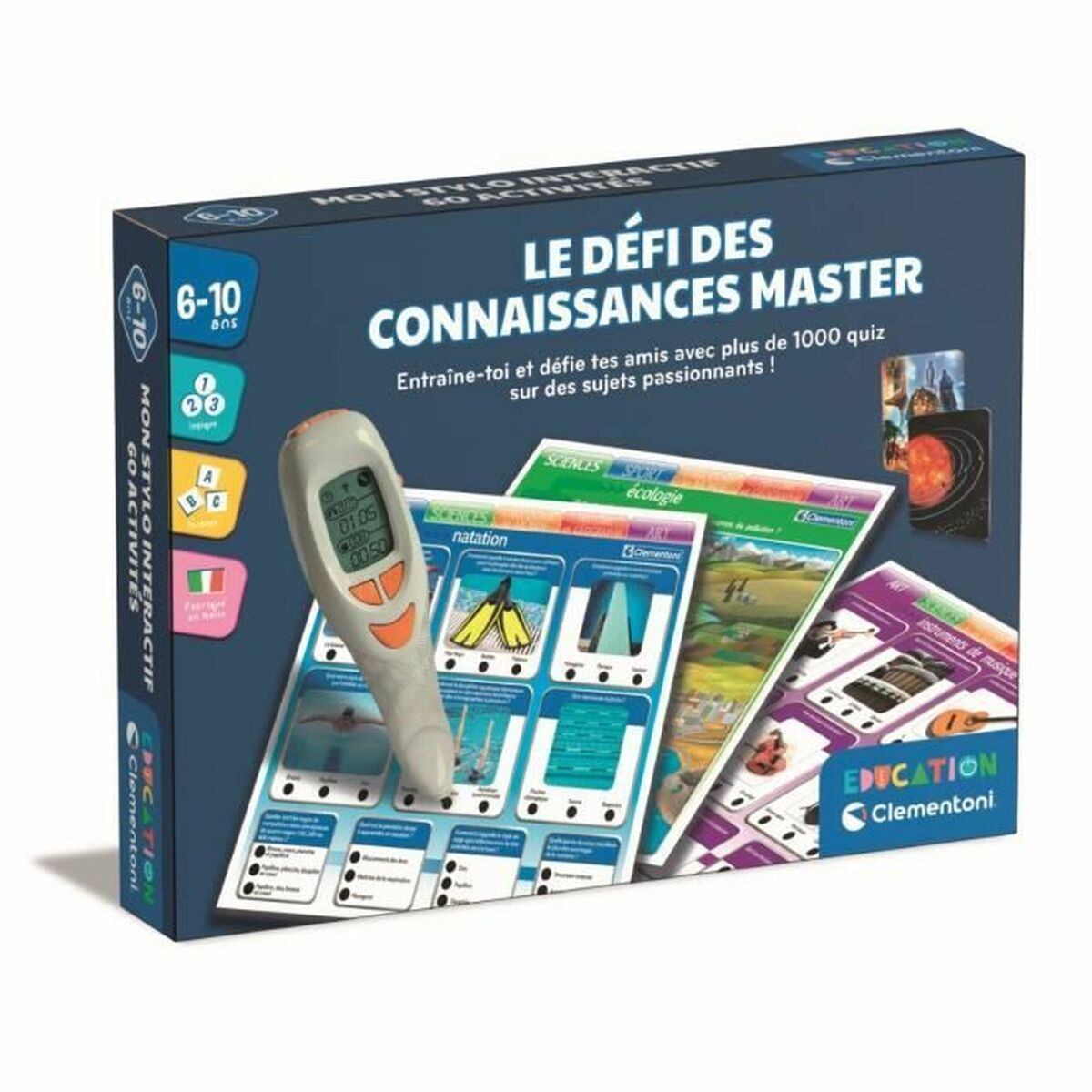 Una scatola gioco con penna interattiva e carte quiz, età 6-10.