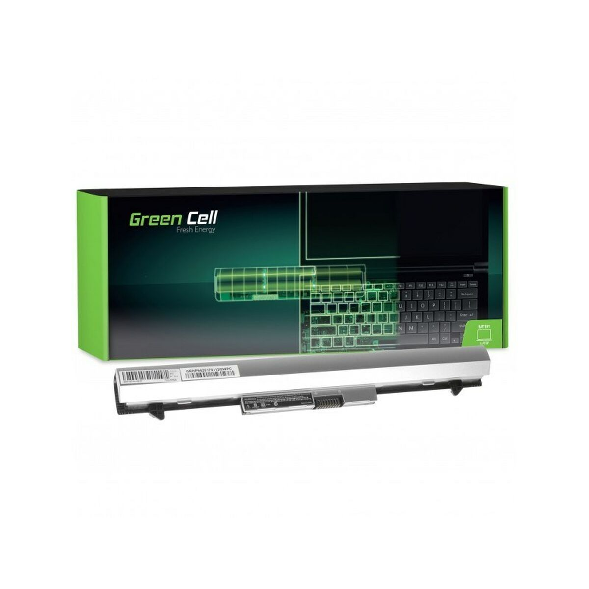 Grüne Zelle Laptop-Akku und Verpackung mit Tastatur- und Batterie-Grafiken.