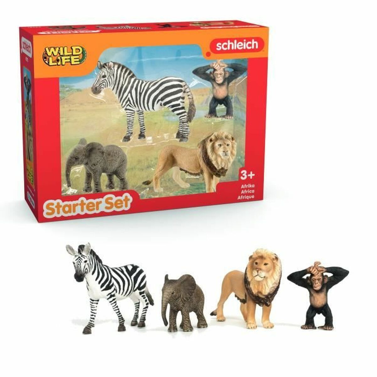 Set base Schleich Vita Selvatica con figure di leone, elefante, zebra e scimmia.