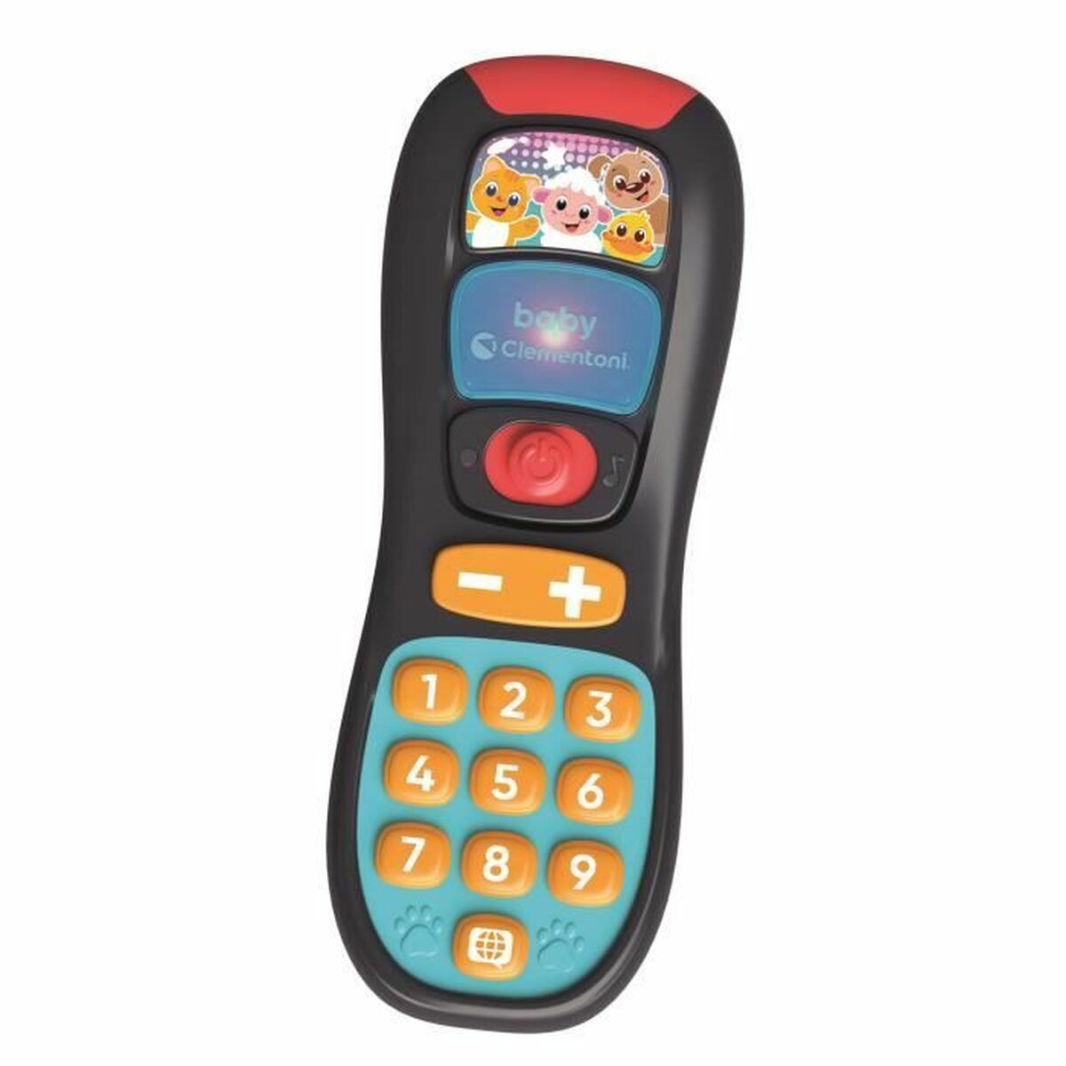 Czarny telefonik dla dzieci z kolorowymi przyciskami i zdjęciami zwierząt.