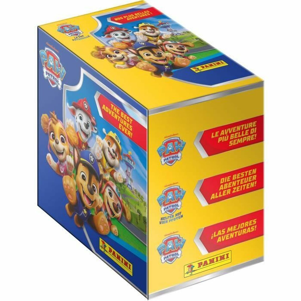 Scatola Paw Patrol con personaggi e testo in più lingue.