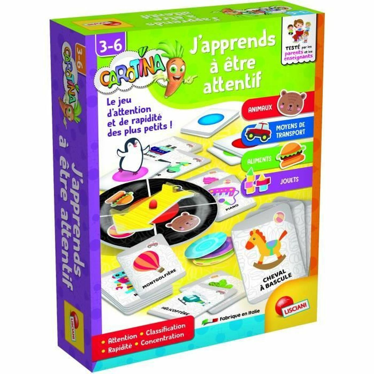 Scatola gioco con carota, pinguino, carte gioco e testo in francese.