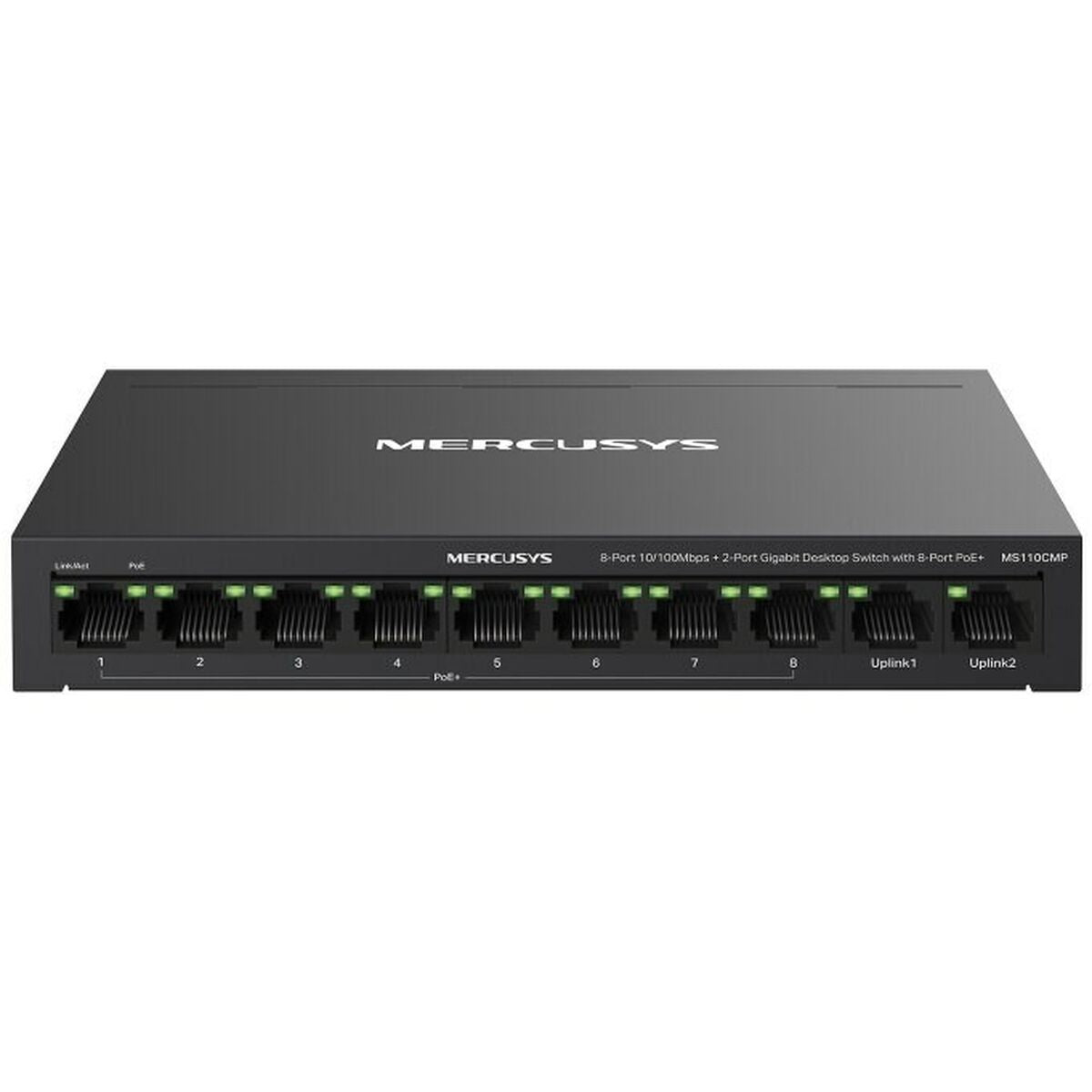 Switch desktop Gigabit Mercusys 8 porte nero con porte PoE+ e spie verdi.