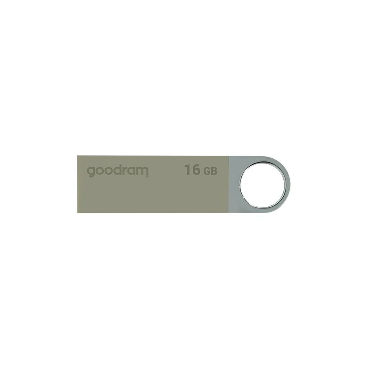 Pamięć USB Goodram 16 GB z srebrnym kółkiem i szarą obudową.