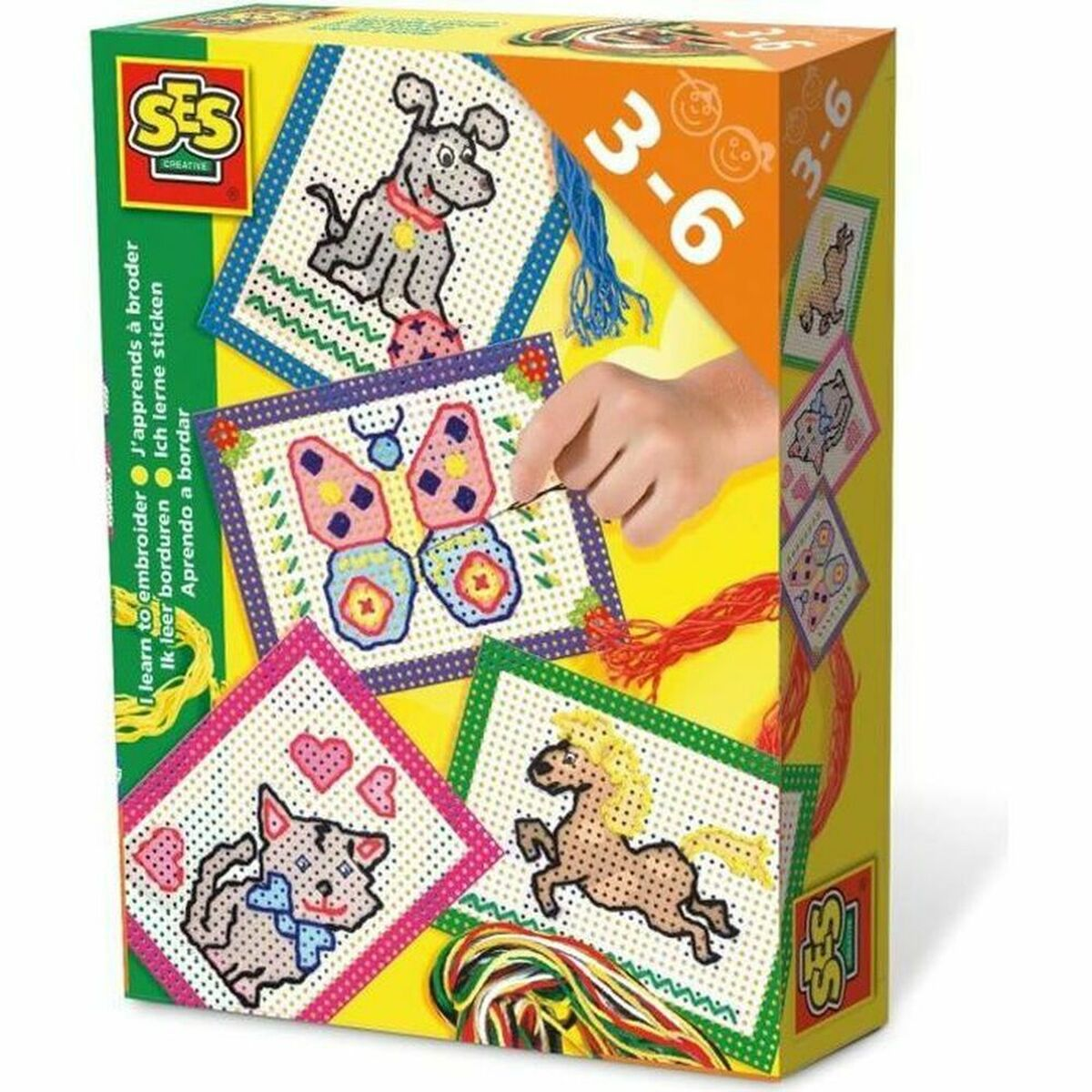 SES Kreativ-Set: Stickrahmen mit Hund, Schmetterling, Katze und Pferd.