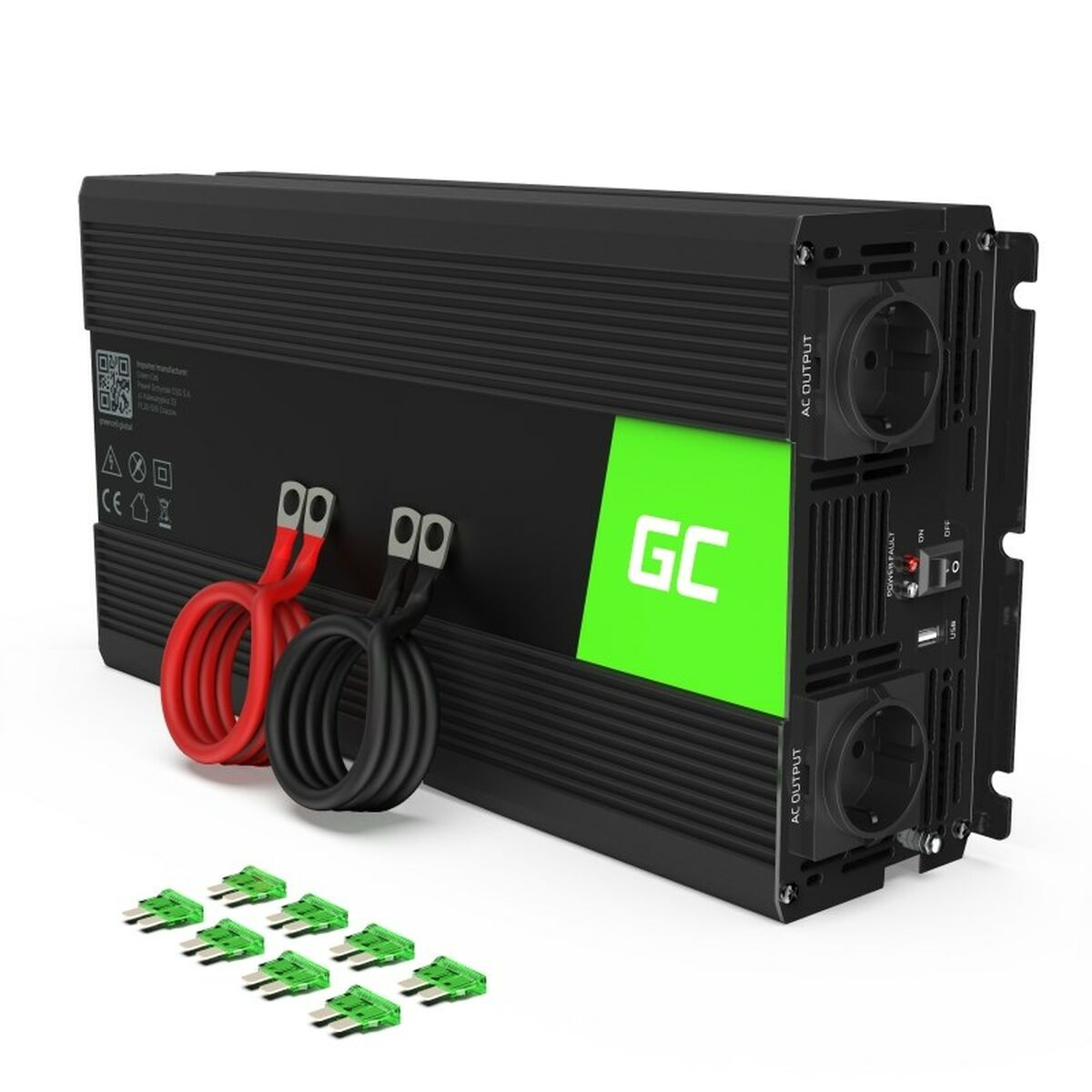 Inverter nero con cavi rosso e nero, logo GC verde e fusibili.