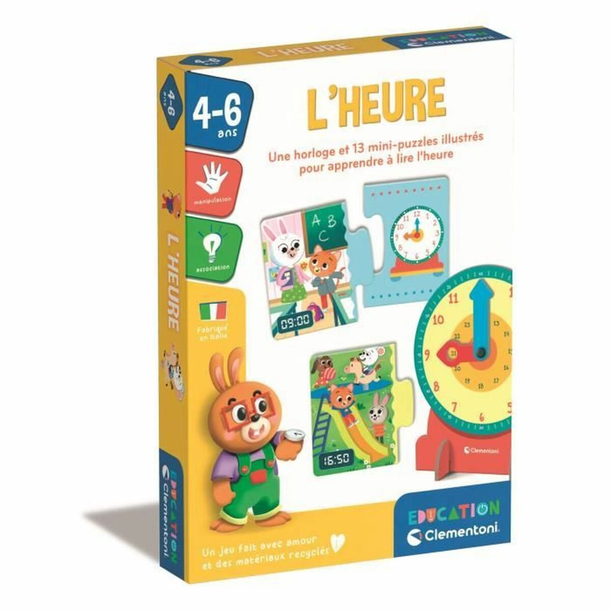 Verpackung eines Lernspiels zum Erlernen der Uhrzeit mit Puzzles und einer Uhr.