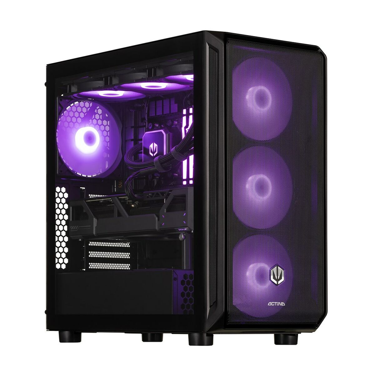 Case PC nero con ventole viola luminose e luci interne.