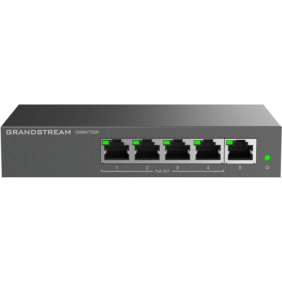 Een grijs Grandstream GWN7700P netwerkapparaat met 5 PoE-poorten en groene LED's.