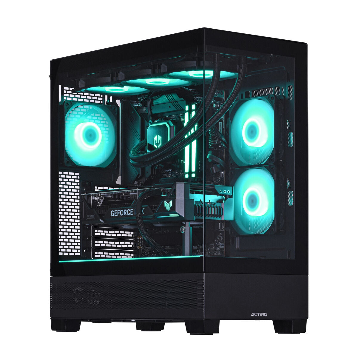Un case per computer nero con pannello laterale trasparente e illuminazione RGB blu-verde.