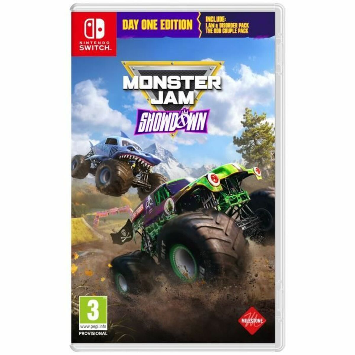 Copertina del gioco Nintendo Switch Monster Jam Showdown con due monster truck in gara.