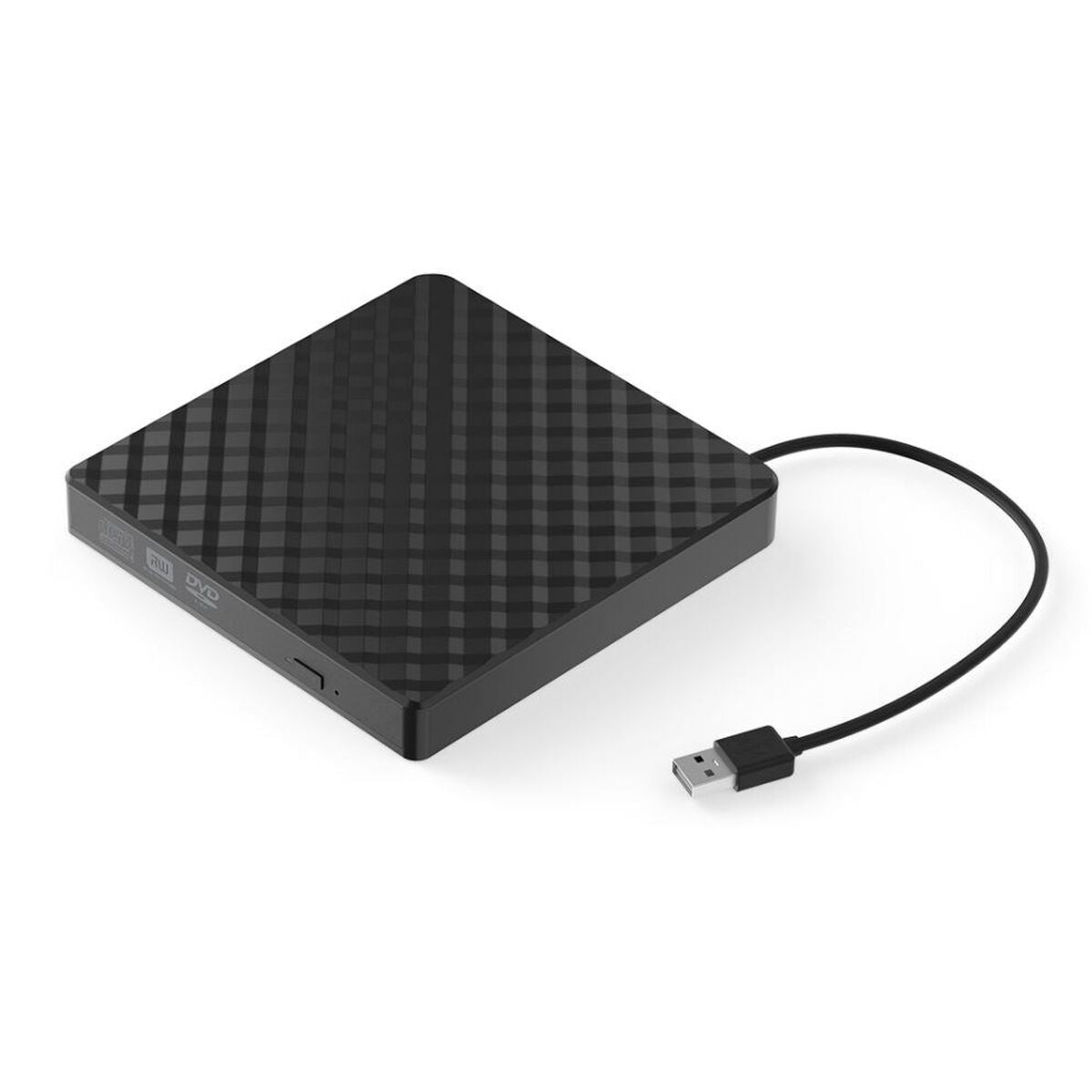Schwarzes externes DVD-Laufwerk mit USB-Kabel, kariertes Muster.
