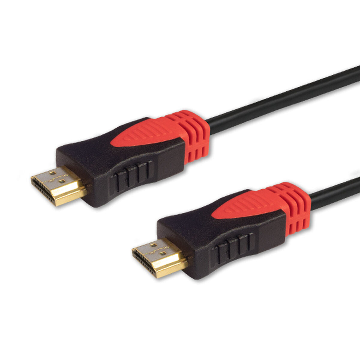 Due cavi HDMI con connettori neri e rossi su sfondo bianco.