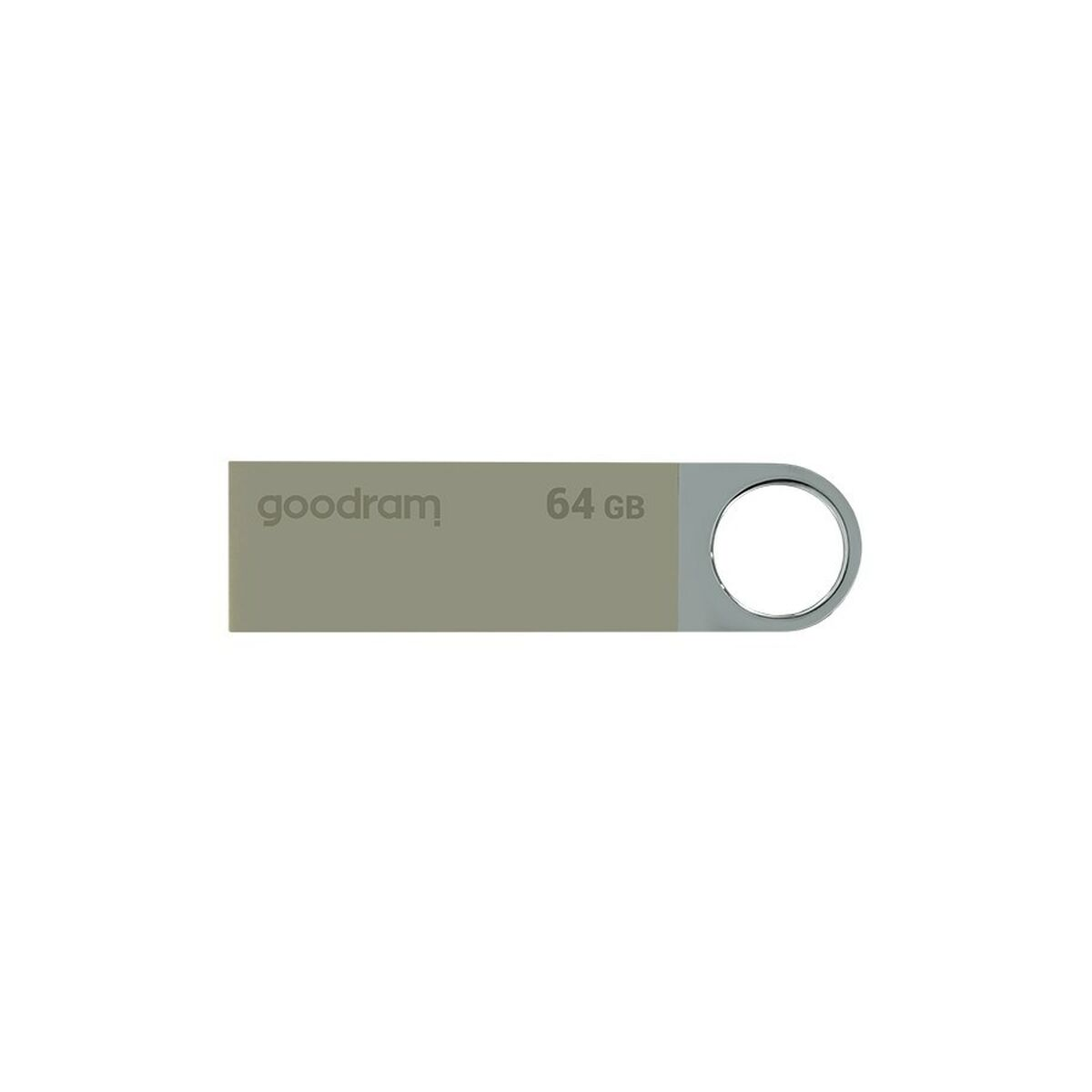 Srebrny pendrive z napisem "goodram 64 GB" i otworem na końcu.