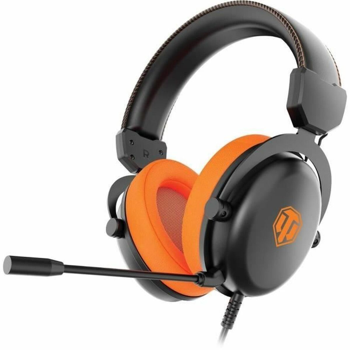 Schwarze Kopfhörer mit orangefarbenen Ohrpolstern und Mikrofon, weiße Hintergrund
