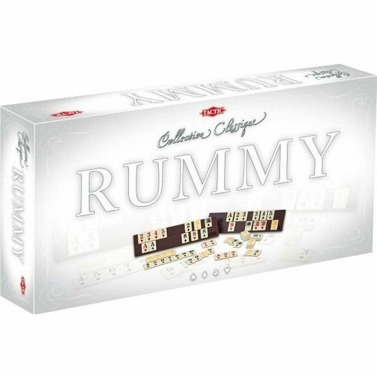 Scatola del gioco Rummy con tessere e numeri.