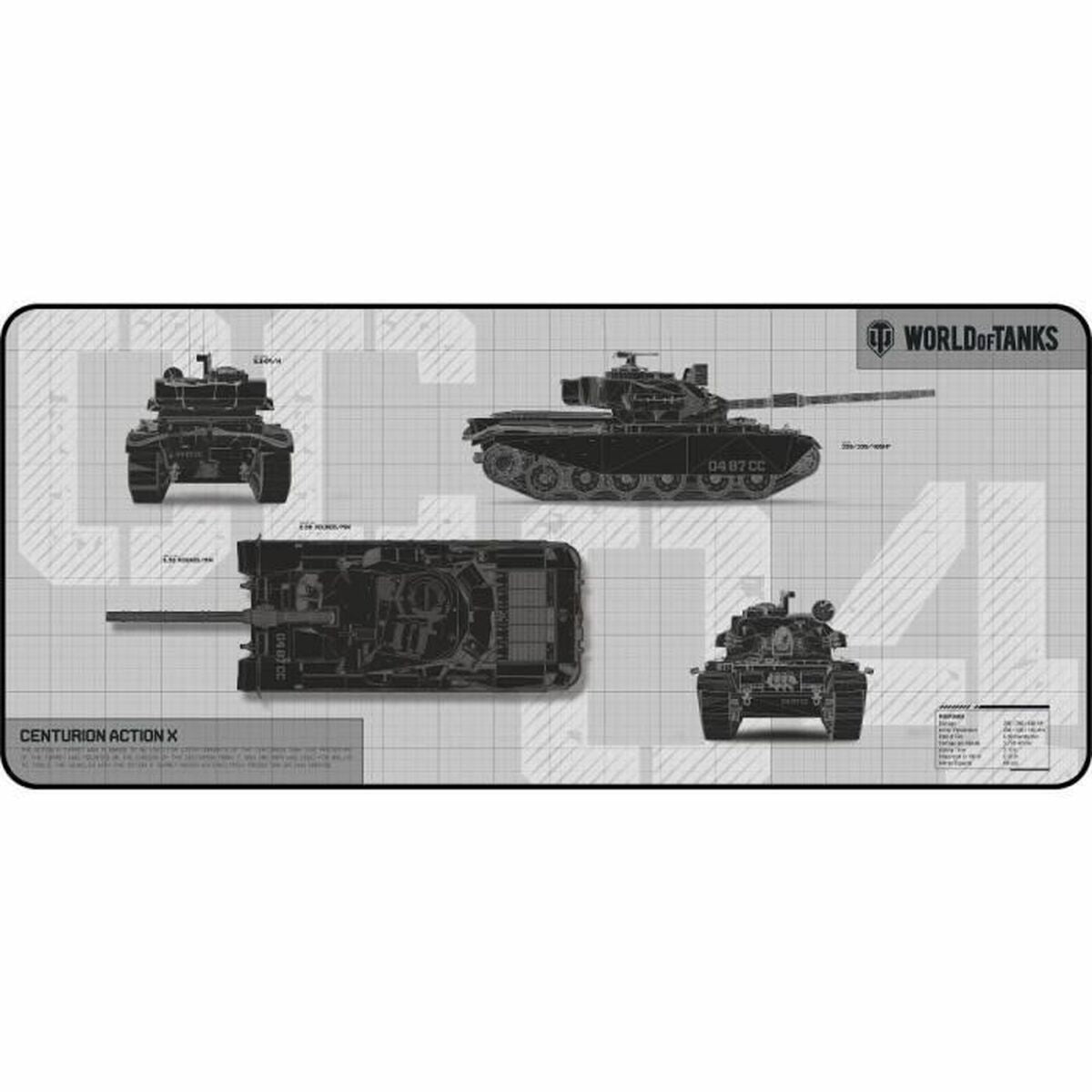 Blaupausenansicht von Panzern, mit technischem Diagramm und "World of Tanks" Logo.