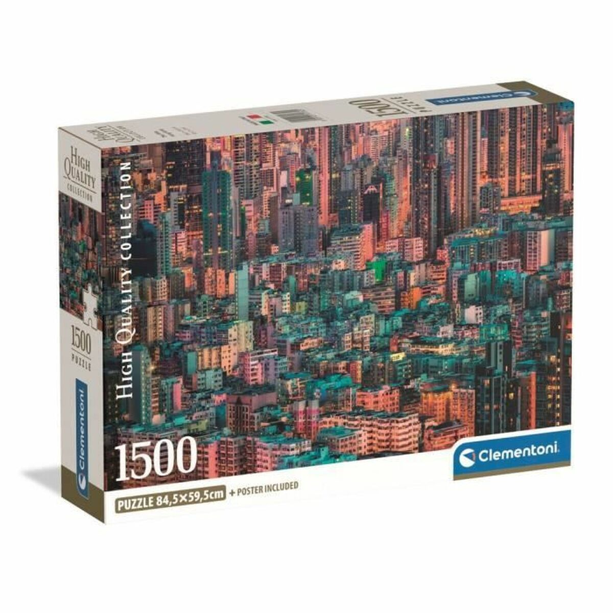 Eine Clementoni 1500-Teile-Puzzle-Schachtel mit einer dichten Stadtsilhouette in der Dämmerung.