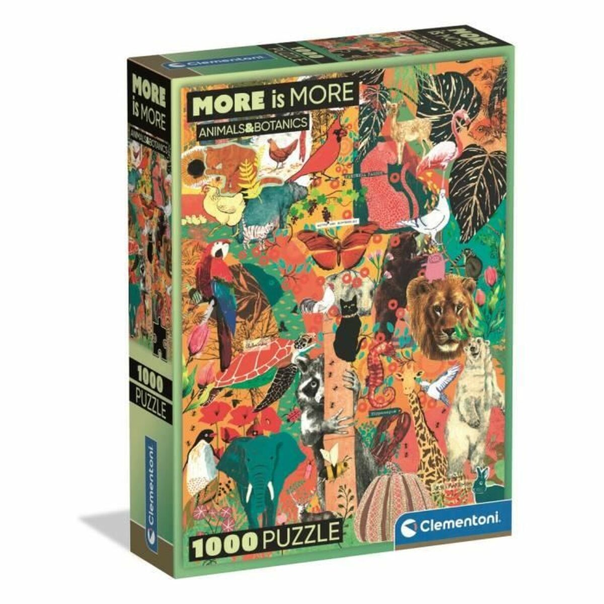 Una caja de puzzle Clementoni de 1000 piezas con animales y plantas coloridos.